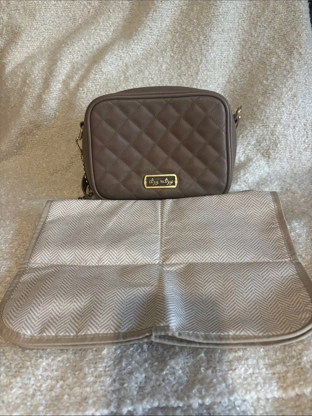 Itzy Ritzy Quilted Crossbody Mini Diaper Bag in Taupe Brown with Changing Pad